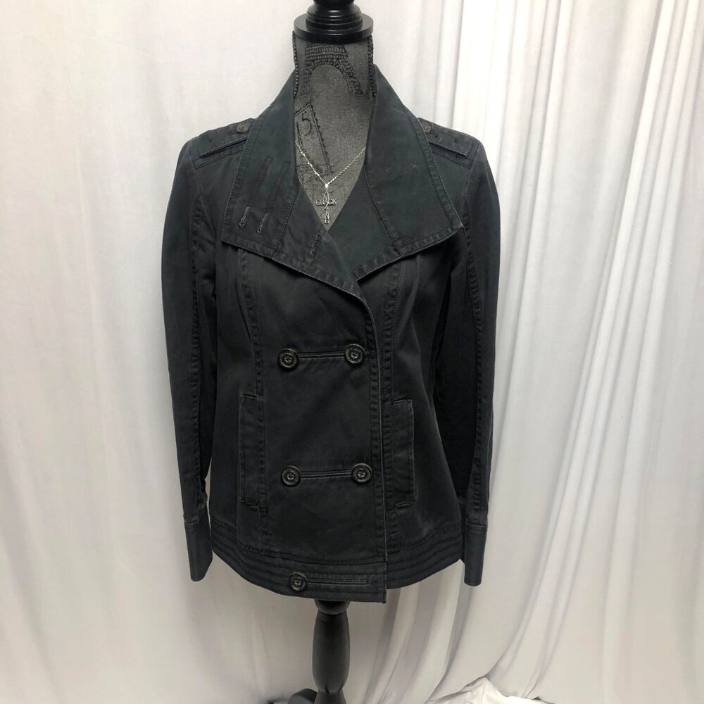 Ruff Hewn Jean Jacket Womens Size Medium Dark Gray Double Breasted Pockets